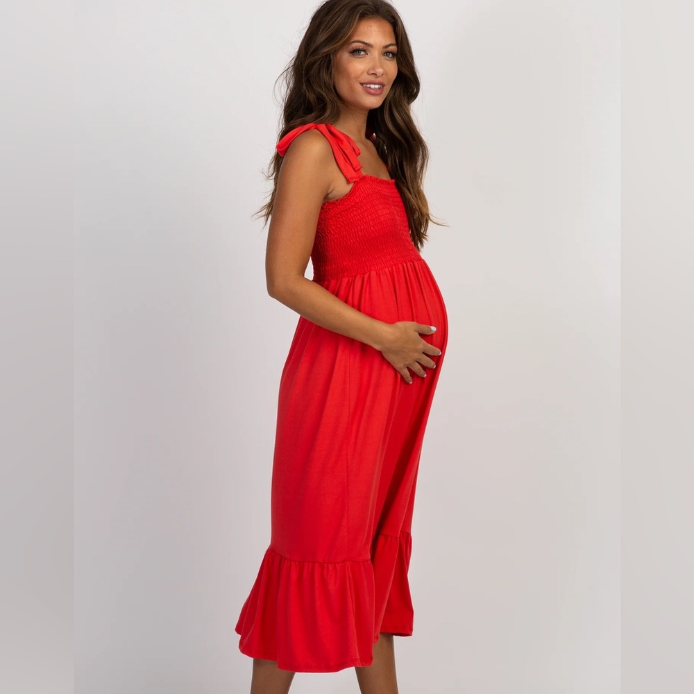 Red Solid Self-Tie Smocked Maternity Midi Dress - image 2